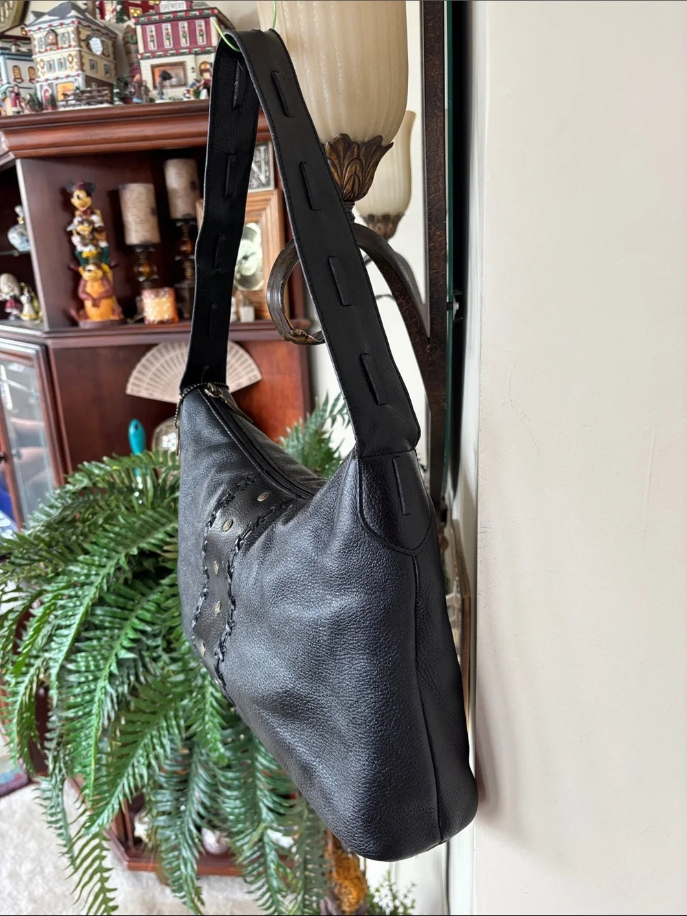 Vintage THE SAK Genuine Leather Black Zippered Hobo Shoulder Bag Studded Braided